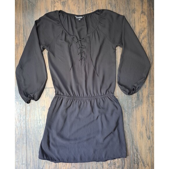 Express Dresses & Skirts - Express Dress Small Black Sheer Top Lined Pockets Elastic Waist Lace Up V-Neck